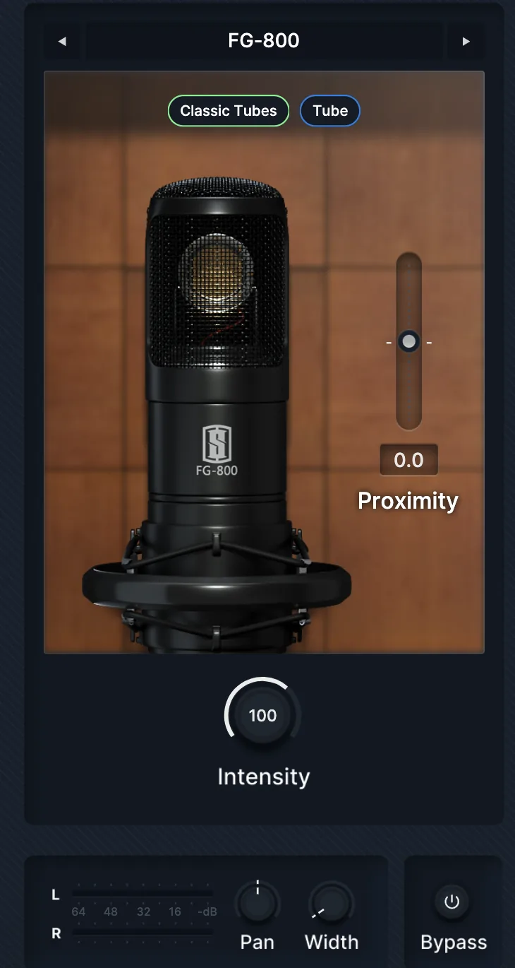 ปลั๊กอิน Virtual Microphone System (VMS) — เลือกและไล่ลองโมเดลไมค์ระดับตำนานได้ทันที เช่นโมเดล FG-800 พร้อมปรับ Proximity และ Intensity
